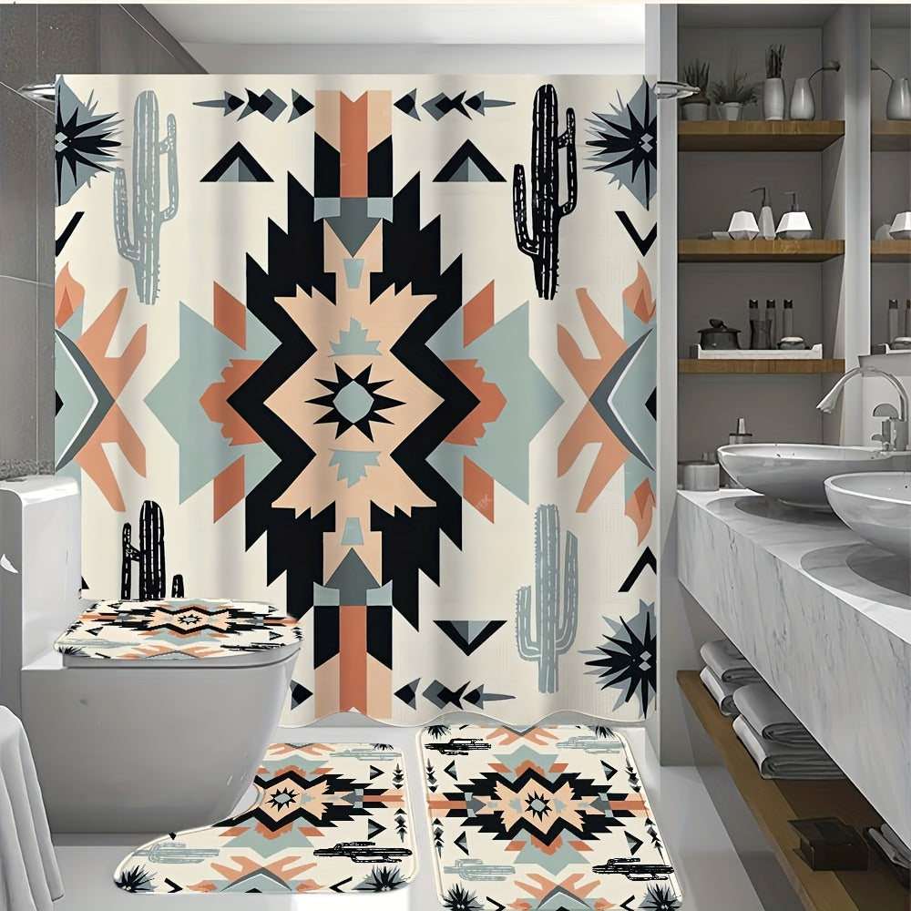 Boho Shower Curtain Set 4 Piece - Bohemian Pattern Bathroom Set with 12 Hooks, Non-Slip Toilet U-Pad & Lid Cover, Colorful Mandala Decor for Apartment Home Bathroom, Holiday Gift