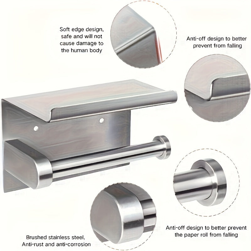 Self-Adhesive Toilet Paper Holder with Phone Stand - No-Drill Stainless Steel Wall Mount Bathroom Tissue Roll Holder with Shelf, Polished Finish Bathroom Accessories
