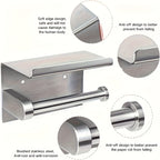 Self-Adhesive Toilet Paper Holder with Phone Stand - No-Drill Stainless Steel Wall Mount Bathroom Tissue Roll Holder with Shelf, Polished Finish Bathroom Accessories