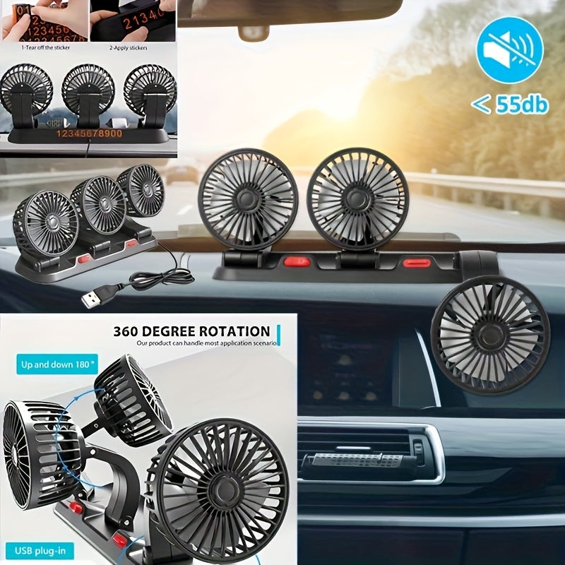 Three-Head USB Desk Fan – 360° Rotating, Digital Display, 3 Speed Quiet Fan | Plug & Play for Car, Office, Home & Outdoor | Black