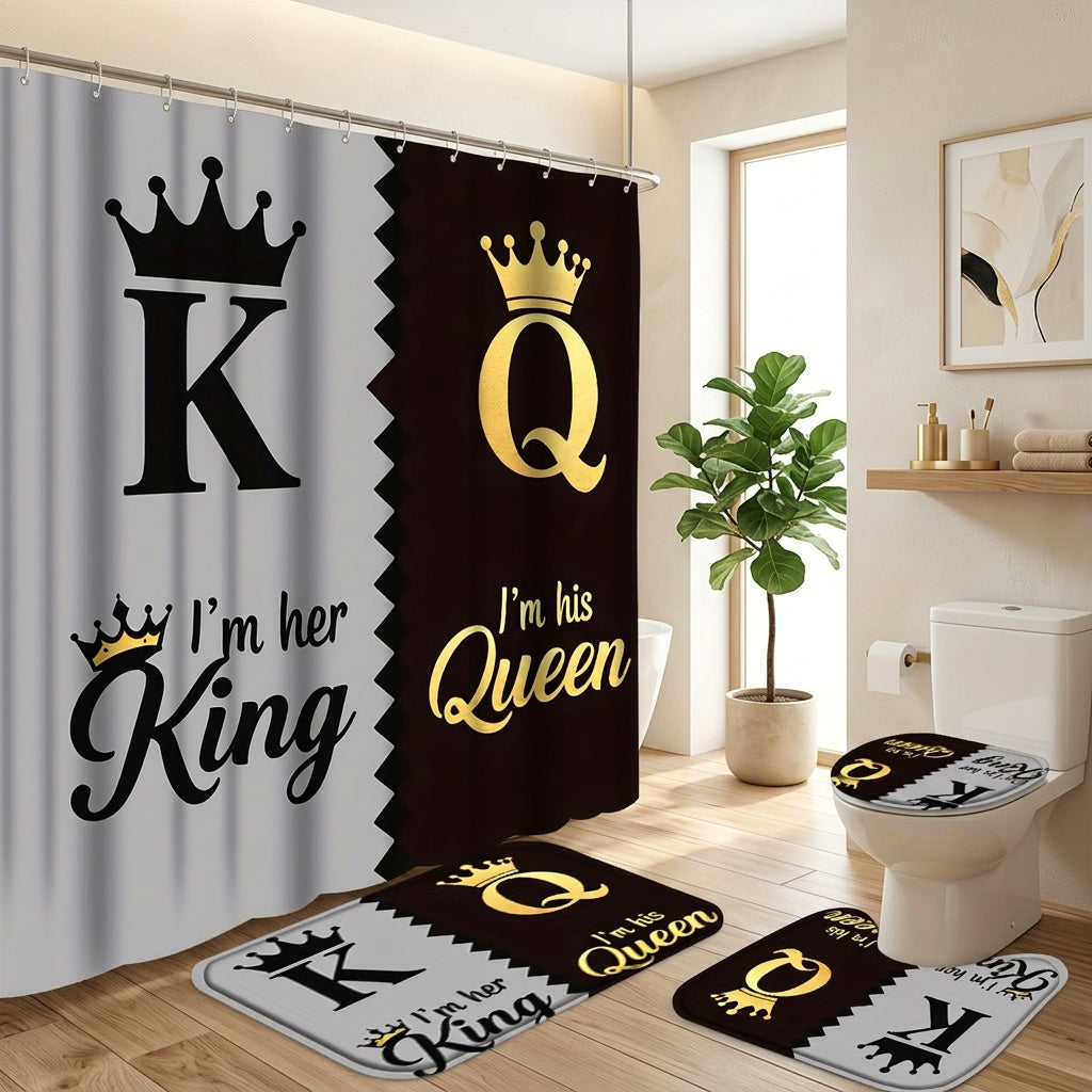 King Queen Shower Curtain Set 4pcs – Bathroom Curtain with 12 Hooks, Non-Slip Rug, Toilet U-Shape Mat & Lid Cover, Modern Bathroom Accessories