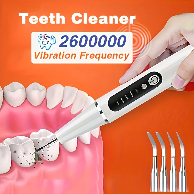 Electric Plaque Remover Teeth Cleaner - LED Light 5 Mode Rechargeable Dental Scaler 3 Stainless Steel Heads Home Travel Oral Care Tool