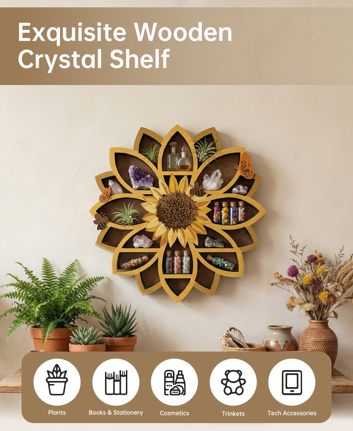 Wooden Sunflower Floating Shelf Wall-Mounted UV Printed Spiritual Decor – Crystal & Essential Oil Organizer, Meditation Room Wall Art, Living Room Storage Shelf