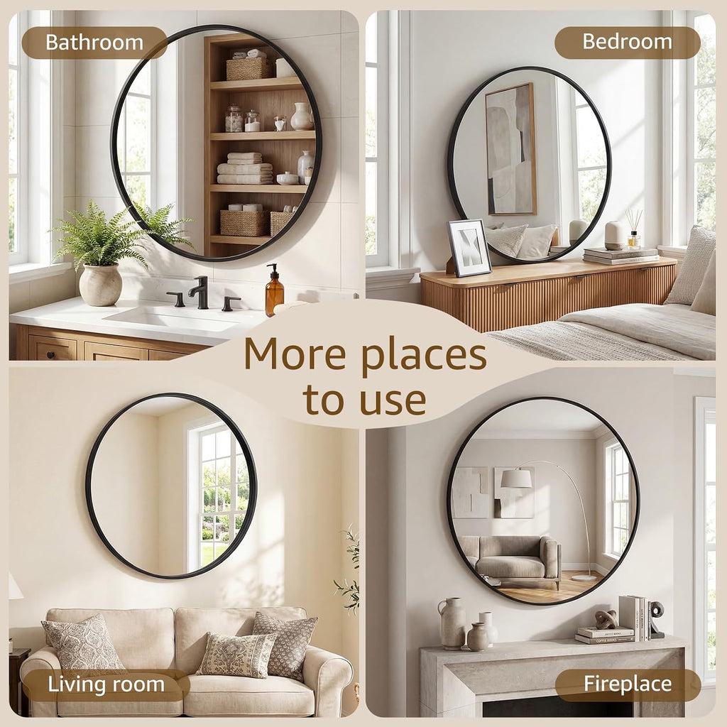 Round Wall Mirror 20 24 28 30 Inch – Circle Vanity Mirror for Bathroom, Bedroom & Living Room | Anti-Rust Modern Decor | Black & Gold