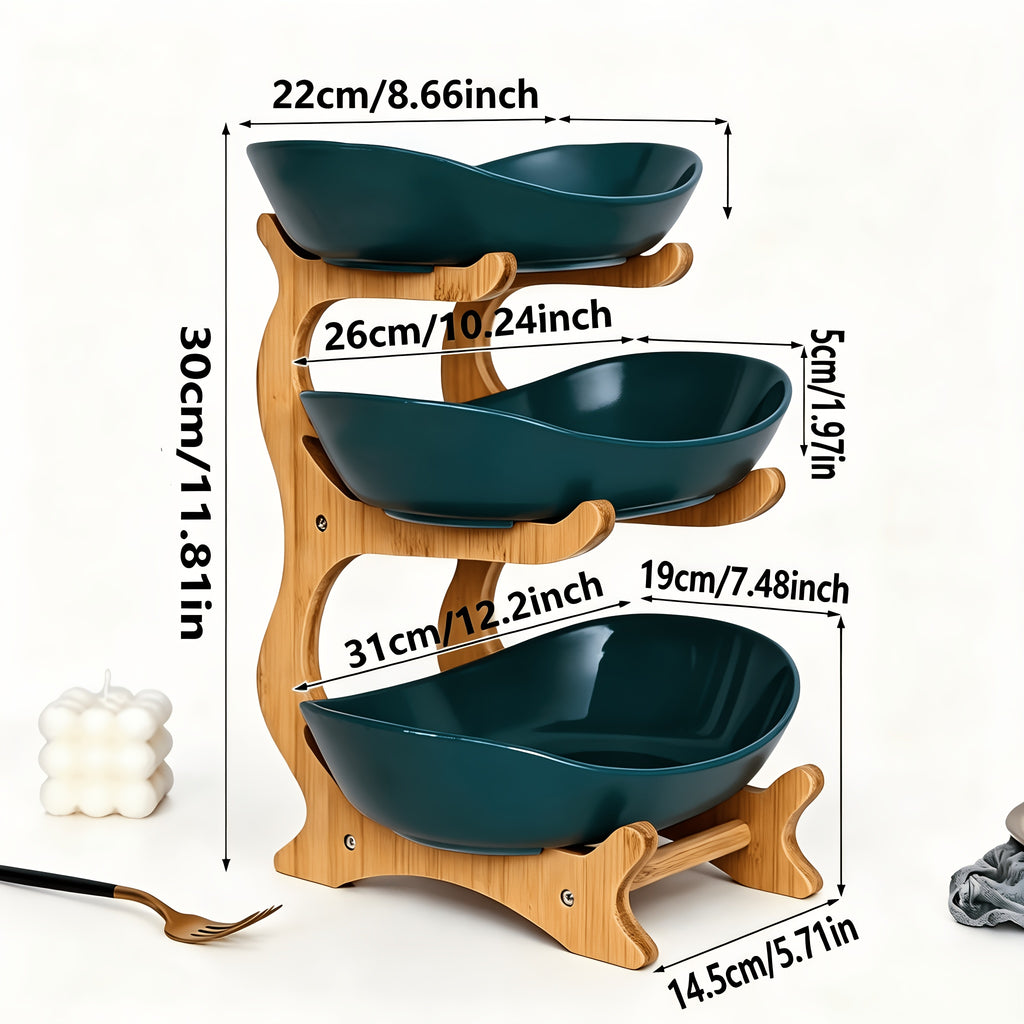 Stackable Tiered Fruit Plate with Wood-Look Design, 2 or 3 Tier Plastic Serving Tray Stand for Snacks, Bread & Fruit, Space-Saving Living Room Kitchen Countertop Organizer, Easy to Assemble