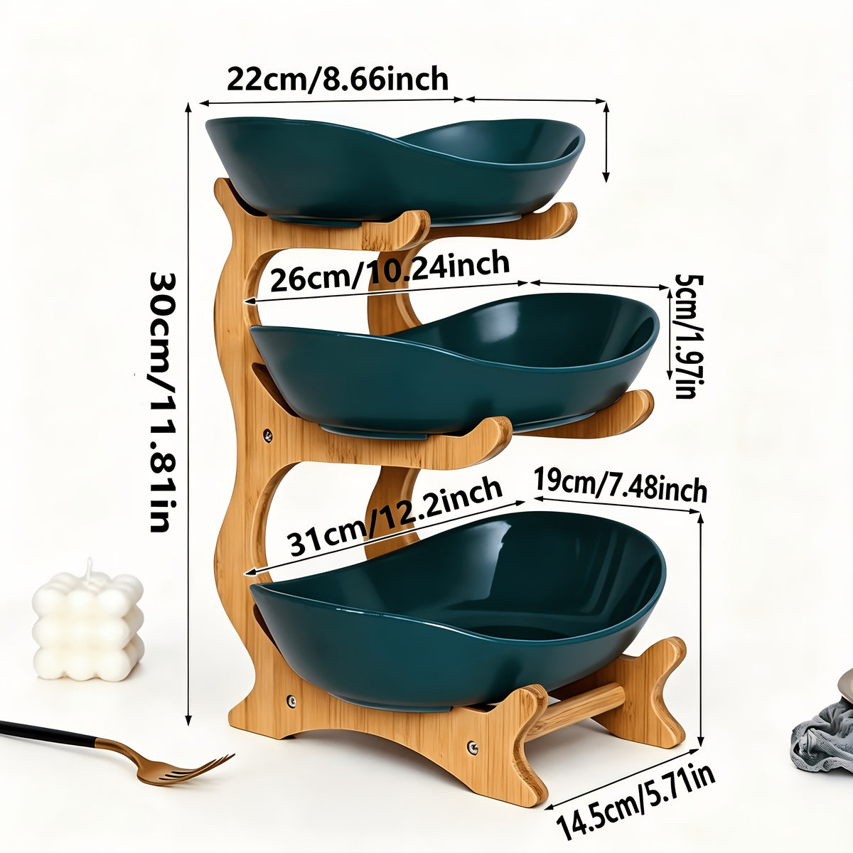 Stackable Tiered Fruit Plate with Wood-Look Design, 2 or 3 Tier Plastic Serving Tray Stand for Snacks, Bread & Fruit, Space-Saving Living Room Kitchen Countertop Organizer, Easy to Assemble