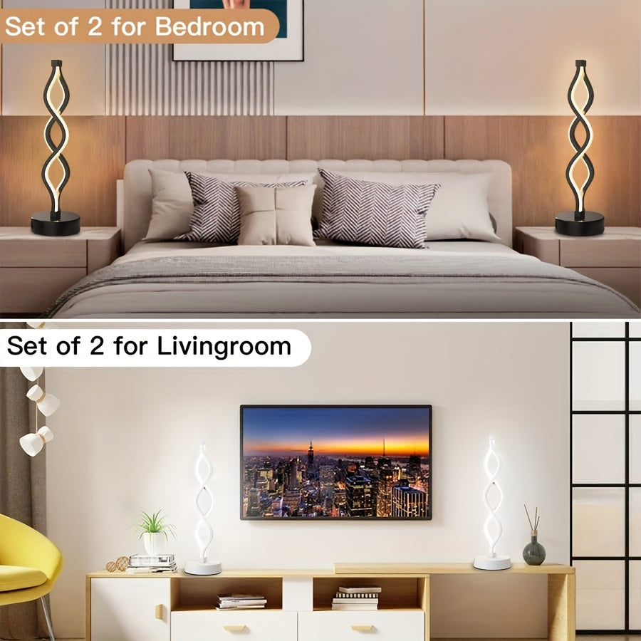 Spiral LED Table Lamp Dimmable 3-Color Modern Minimalist Bedside Lamp - Creative Wave Design Desk Lamp with Metal Base & USB Charging, Small Night Lamp for Bedroom, Living Room, Office & Study