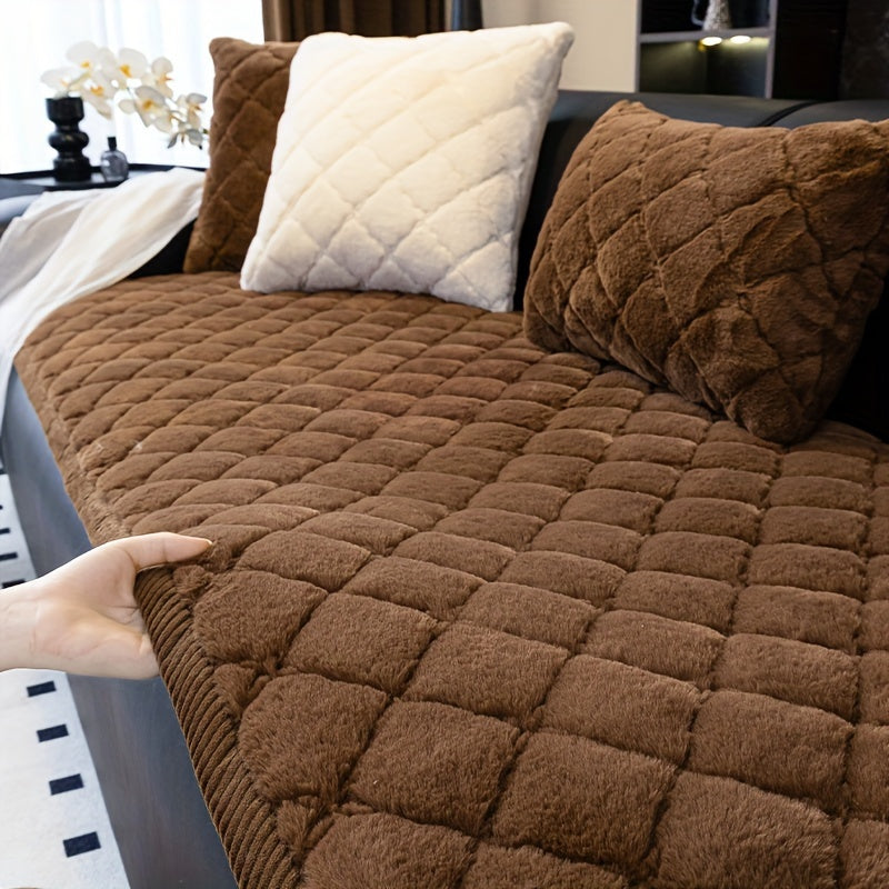 Thickened Faux Rabbit Fur Sofa Cover or Cushion Cover 2-in-1 Non-Slip Machine Washable Pet-Friendly Warm Plush Seat Pad for Bedroom Office Living Room Home Decor