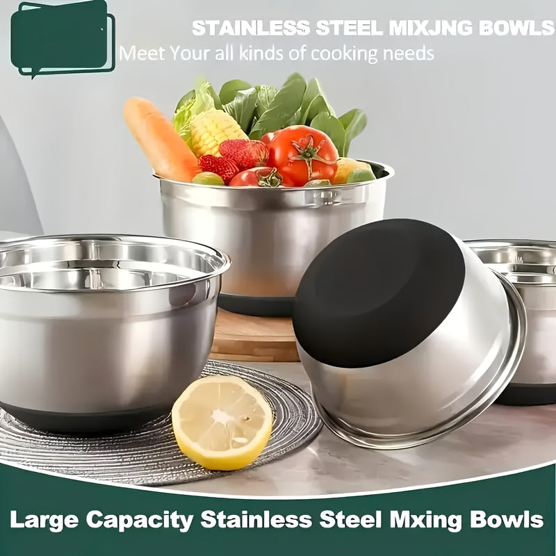 26-Piece Stainless Steel Mixing Bowl Set with Airtight Lids & 3 Grater Attachments - Non-Slip Bottoms | 6 Sizes: 1–7 QT