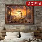 Framed Canvas Wall Art - Sunset Three Crosses Christ Landscape Window Scene, Religious Home Decor for Living Room & Bedroom, Faith-Inspired Wall Decor Gift