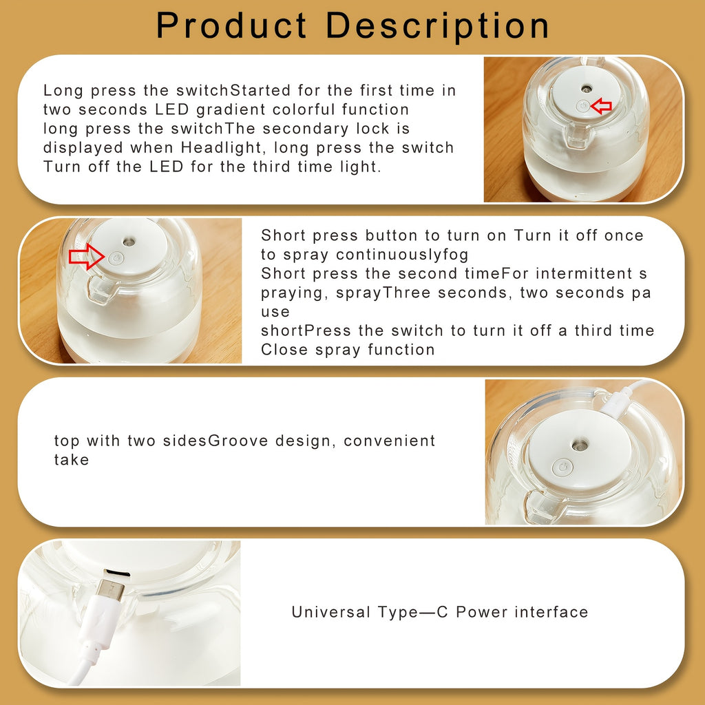 Cool Mist Humidifier Essential Oil Diffuser 21.98oz Large Capacity with Color Night Light USB Portable Bedroom Humidifier