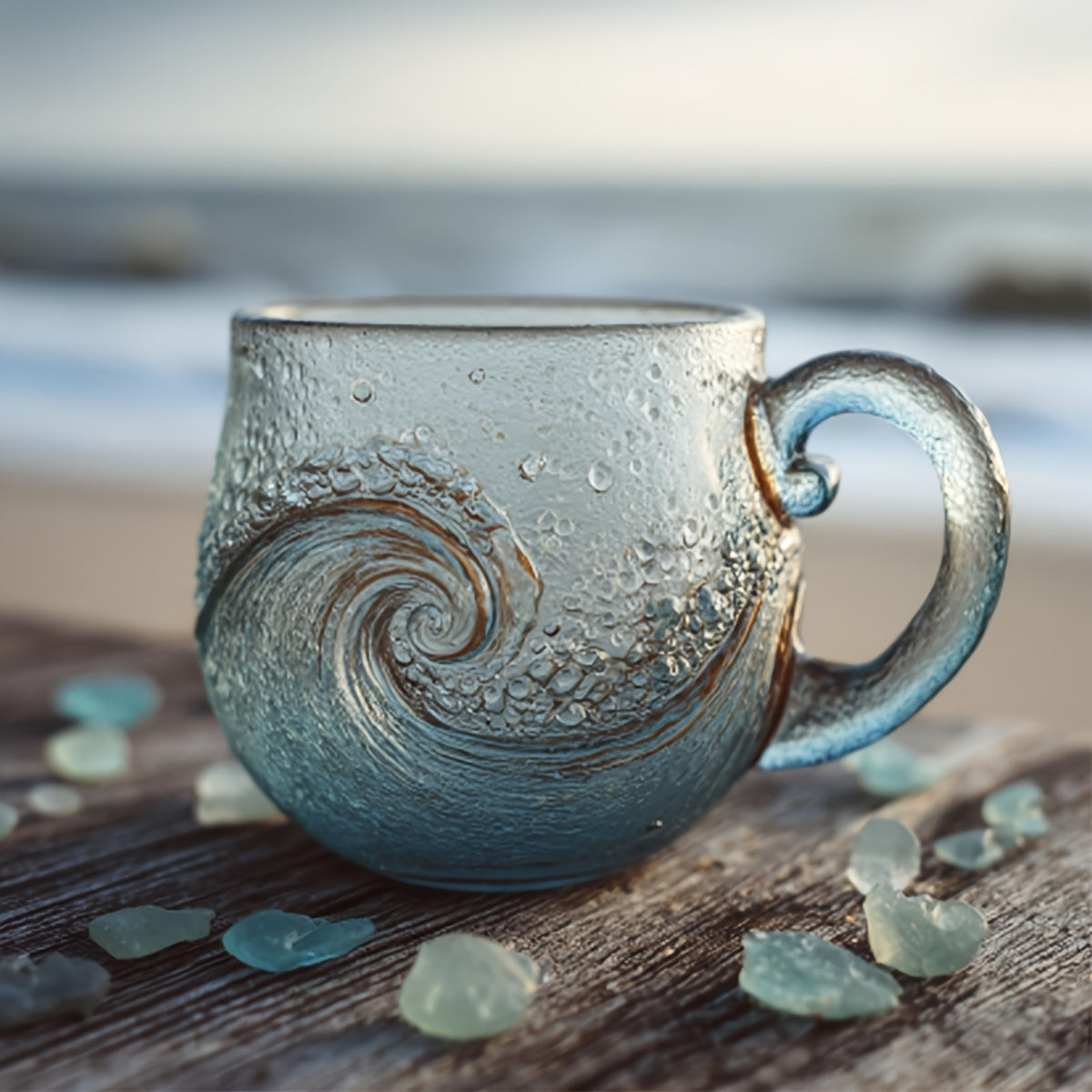 Sea Glass Wave Mug Blue Swirl Beach Theme Handcrafted Textured 30oz Cup for Tea Coffee Wine - Ocean Inspired Drinkware Gift for Beach Lovers | Nuvia Haven