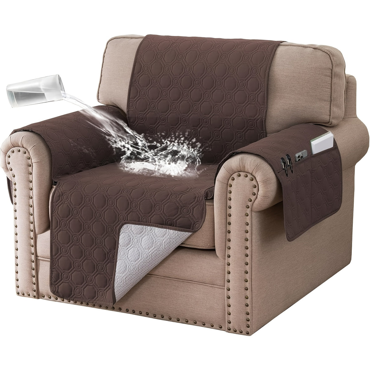 Liquid-Resistant Sofa Cover with Pocket, Geometric Pattern Couch Slipcover Furniture Protector for Pets, Washable Thick Soft 1 2 3 4 Seat Sizes Chair Loveseat Sofa