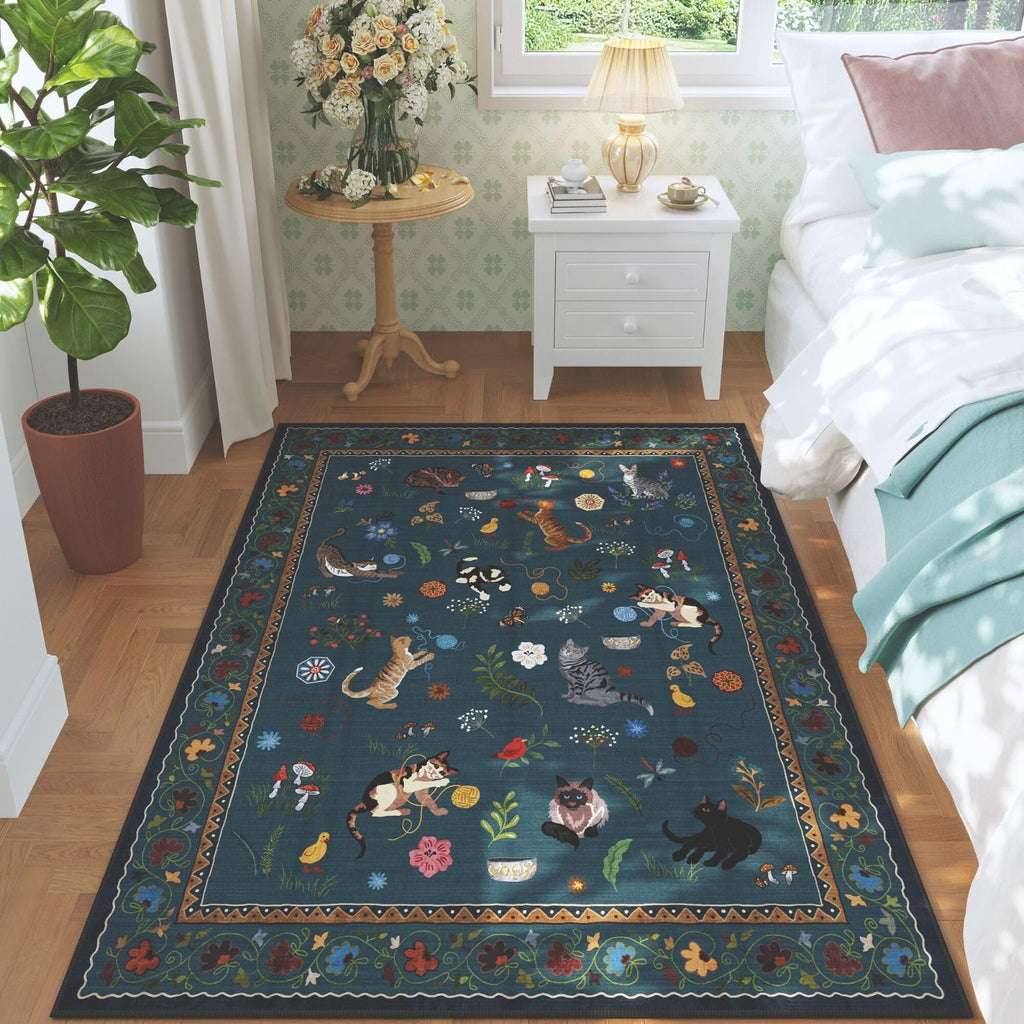 Boho Cat Print Area Rug Low Pile Non-Slip Floral Vintage Indoor Carpet for Living Room Bedroom Dining Room Runner Round Large
