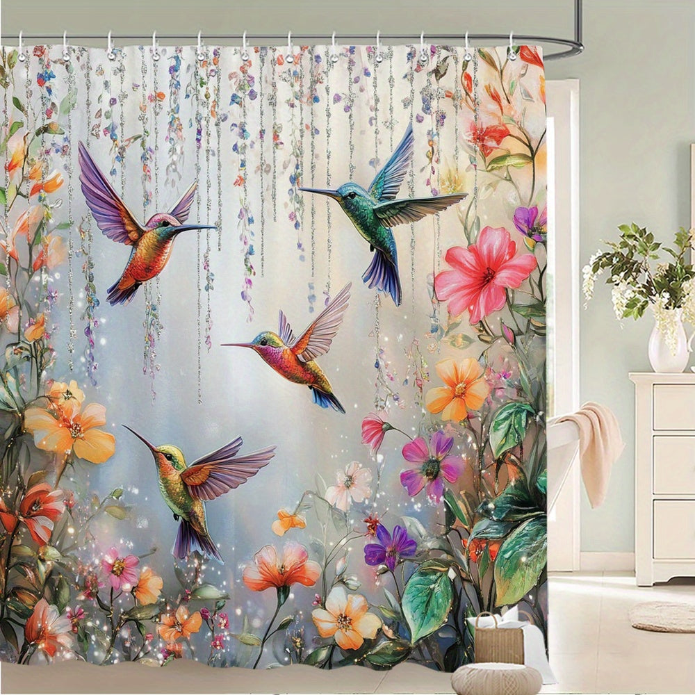 Hummingbird Floral Shower Curtain 70x70 Inch – Vibrant Iridescent Pink Orange Purple Flowers Polyester Fabric Machine Washable Nature Lover Bathroom Decor