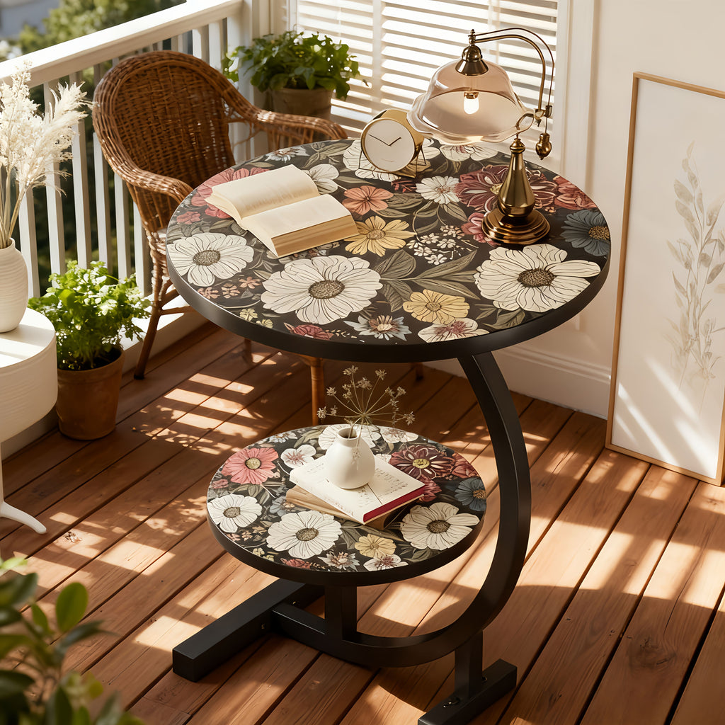 2-Tier Metal Outdoor Side Table, Floral Round Balcony & Patio Table, Sturdy Compact Design, Easy Assembly, for Patio, Courtyard, Balcony & Garden — Multiple Styles