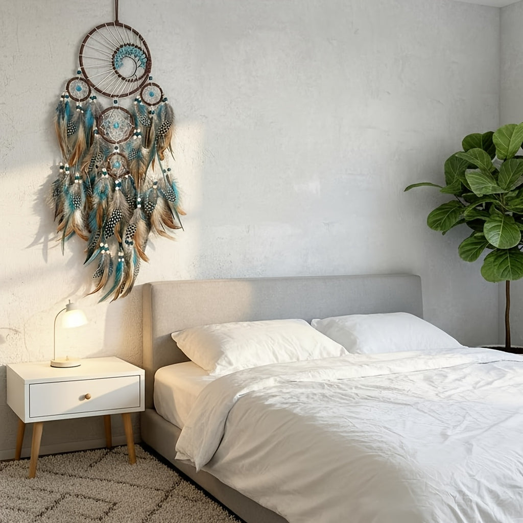 Handmade Feather Dreamcatcher Wall Hanging – Tree of Life Bohemian Wall Decor with Blue Green Brown Plumes, Boho Dream Catcher for Bedroom Living Room Nursery, Spiritual Home Decor Gift