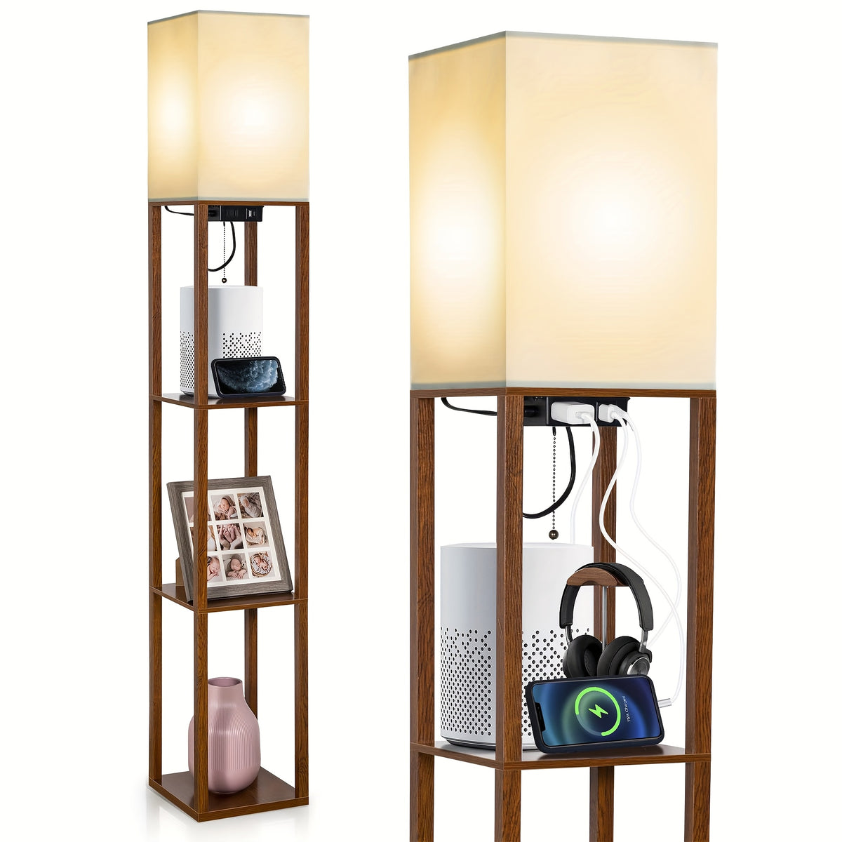 Floor Lamp with Shelves USB & Type-C Charging Port – Modern Column Standing Lamp with 9W LED Bulb, 3 Color Temperatures, AC Power Outlet for Living Room Bedroom Office