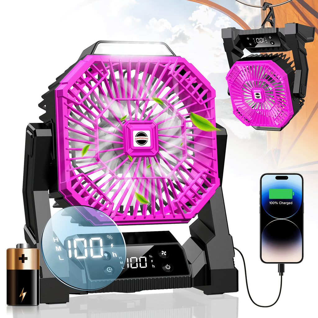 20000mAh USB Rechargeable Compact Fan with LED Light, Digital Display & Emergency Charging – Tent Hook Included, Portable Fan for Camping, Office, Gym & Home