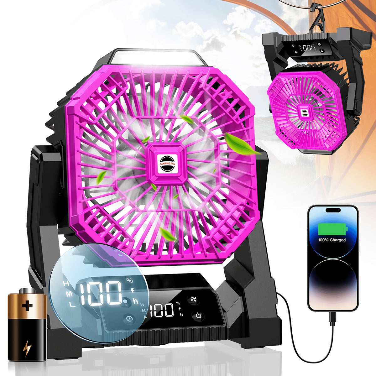 20000mAh USB Rechargeable Compact Fan with LED Light, Digital Display & Emergency Charging – Tent Hook Included, Portable Fan for Camping, Office, Gym & Home