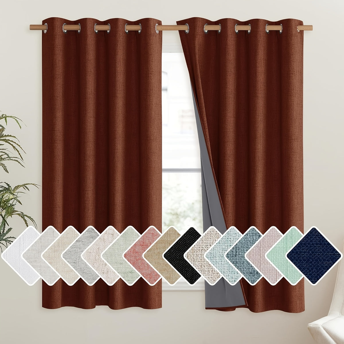 Linen Blackout Curtains 2 Panels 100% Farmhouse Grommet Top – Thermal Insulated Thick Window Drapes for Living Room Bedroom, 11 Colors 6 Sizes