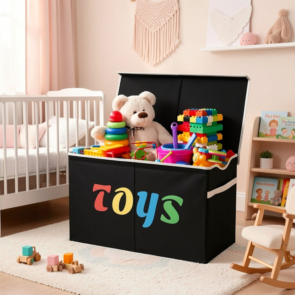 Extra Large Collapsible Storage Box 31.7 Gal with Lid – Foldable Kids Toy Chest Organizer Bin for Boys & Girls, Bedroom, Living Room & Nursery, Sturdy Basket in Black, Beige & Dark Grey