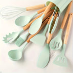 Silicone Kitchen Utensil Set 12 Piece with Wooden Handles - Non-Stick Heat Resistant Cooking Tools for Home, Dorm & Baking, Colorful Kitchen Gadgets Gift Set