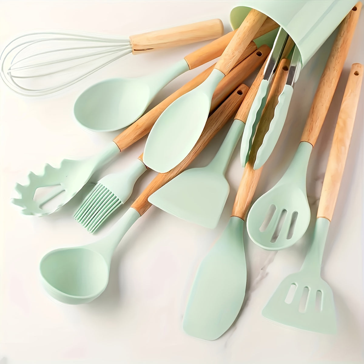 Silicone Kitchen Utensil Set 12 Piece with Wooden Handles - Non-Stick Heat Resistant Cooking Tools for Home, Dorm & Baking, Colorful Kitchen Gadgets Gift Set