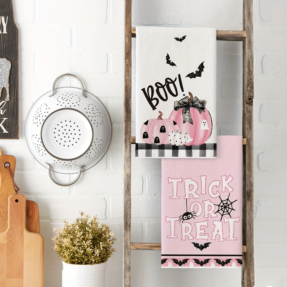 Halloween Kitchen Dish Towels Set of 4 - 18x26 Inch Black and Pink Pumpkin Ghost Design Kitchen Towels for Halloween Home and Kitchen Decoration - Festive Trick or Treat Towel Gift Set