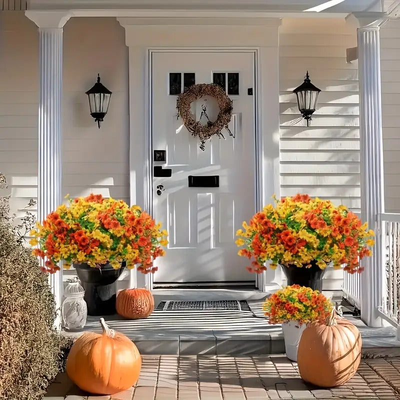 8-Pack Artificial Autumn Chrysanthemum Bouquets – UV-Resistant Non-Fading Faux Orange Fall Flowers for Home, Porch, Garden & Wedding Decor, Indoor Outdoor All-Season Decoration