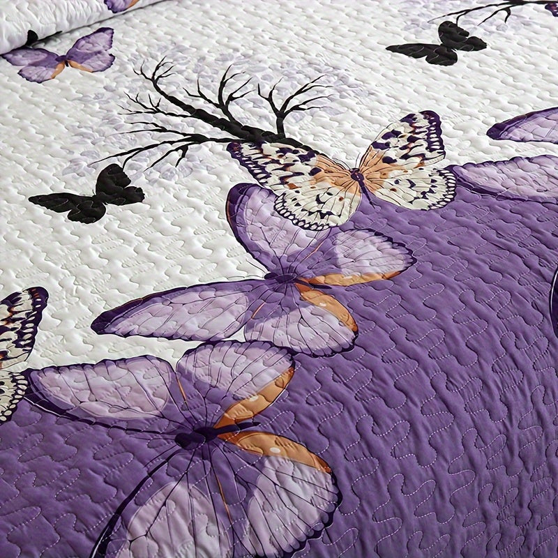 Butterfly Floral Quilted Bedspread Set 3 Piece – Embellished Polyester Coverlet with Floral Butterfly Pattern, Machine Washable All-Season Bedding, Polyester Fill, Queen & King Size, Purple