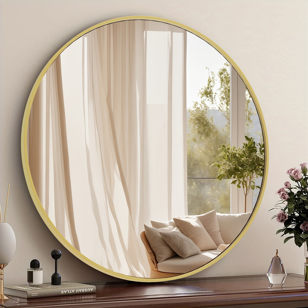 Round Metal Wall Mirror Matte Black & Gold Frame Modern Decorative Circle Mirror for Entryway Bathroom Living Room Bedroom Vanity Wall Decor Multiple Sizes