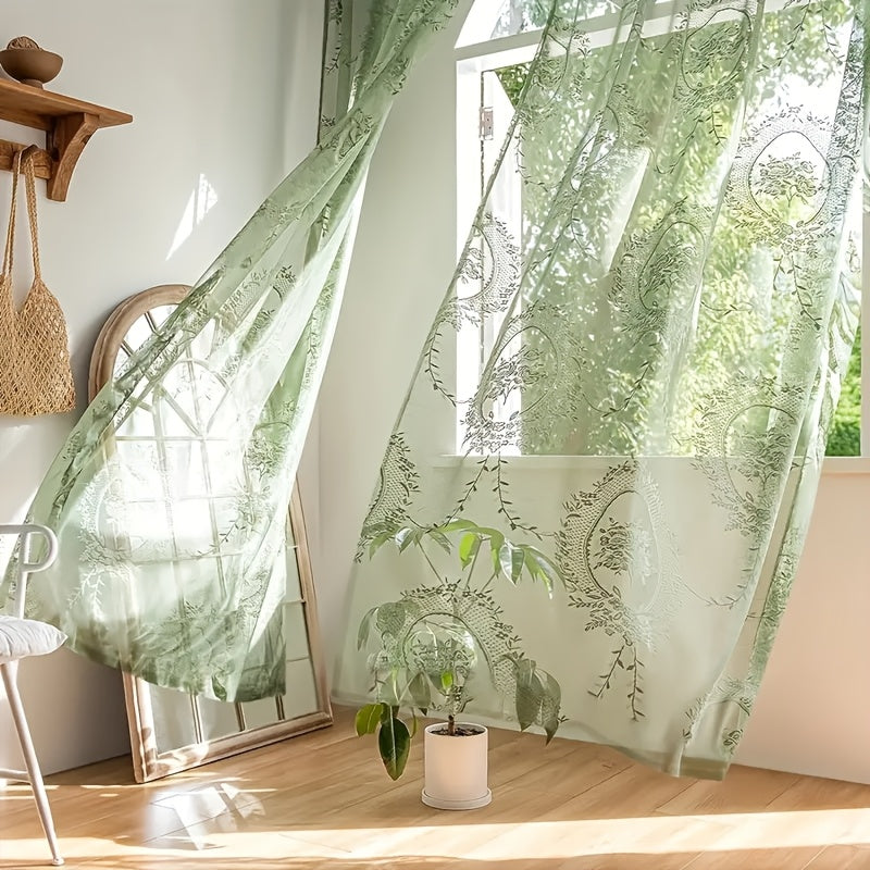 Lace Embroidery Sheer Curtain Rod Pocket Floral for Bedroom, Living Room & Wedding – Machine Washable Unlined Polyester, Glam Decor, 4 Sizes