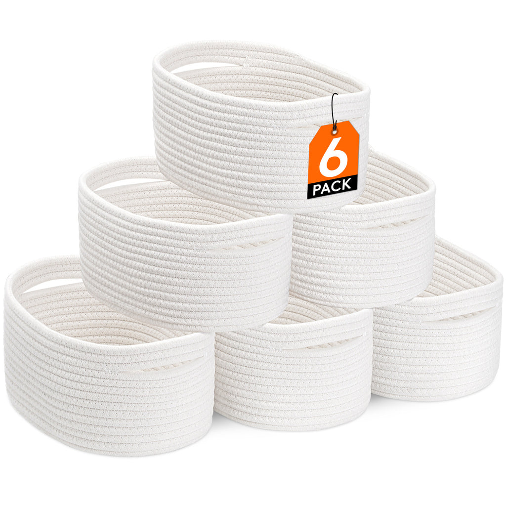 Woven Storage Baskets Set of 6 – Cotton Rope Round Shelf Baskets Bins for Organizing Closet Living Room Bedroom Playroom, Cute Small Decorative Cube Storage Caddy, Multiple Colors Available