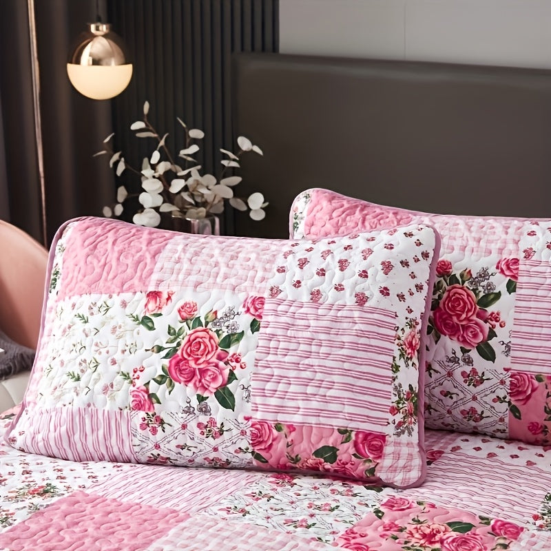 Pink Patchwork Quilted Bedspread Set 3 Piece – Sweet Floral Print, 1 Bedspread + 2 Pillowcases, Soft Breathable All-Season Bedding, Machine Washable, Twin Full/Queen King, Bedroom & Dorm Decor