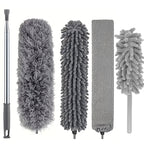 Extendable Microfiber Duster Set 7 Piece, Extra Long 100 Inch Dusting Wand with Stainless Steel Handle, Bendable Corner Broom for Ceiling Cobwebs, Washable & Reusable, Grey