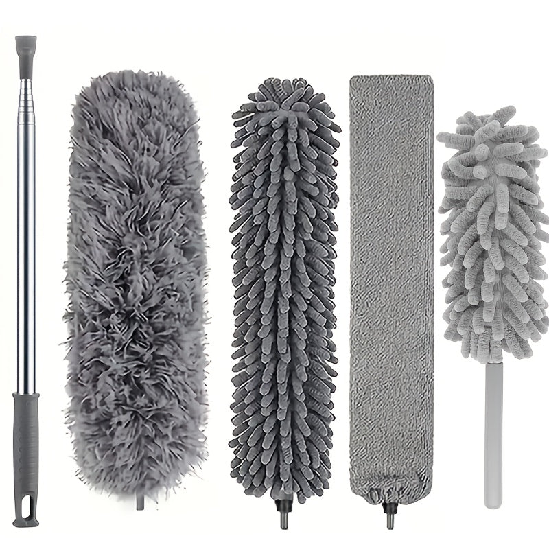 Extendable Microfiber Duster Set 7 Piece, Extra Long 100 Inch Dusting Wand with Stainless Steel Handle, Bendable Corner Broom for Ceiling Cobwebs, Washable & Reusable, Grey