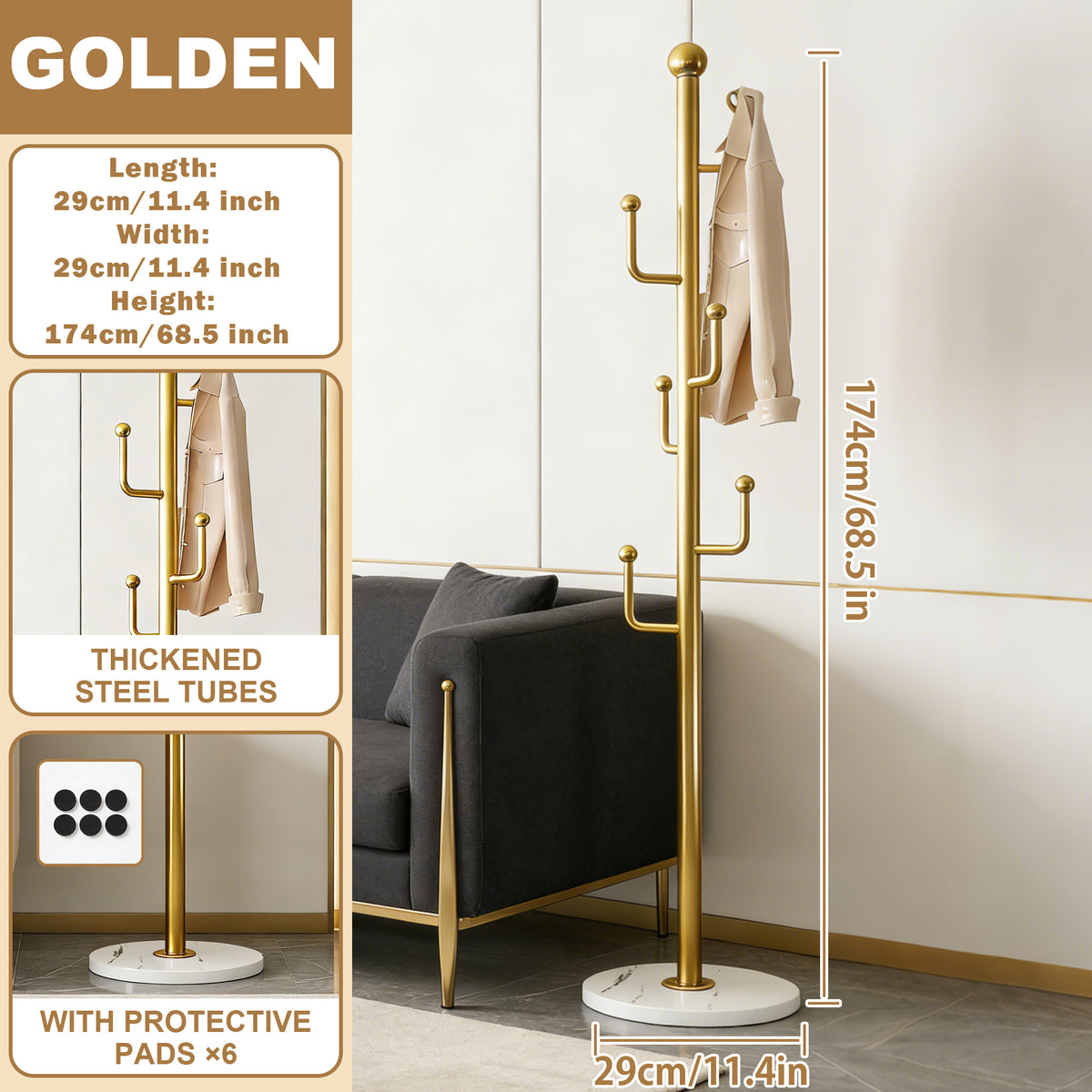 Rotating Coat Rack with Storage Basket and 6 Hooks 4 Wheels Freestanding Entryway Organizer for Coats Hats Bags