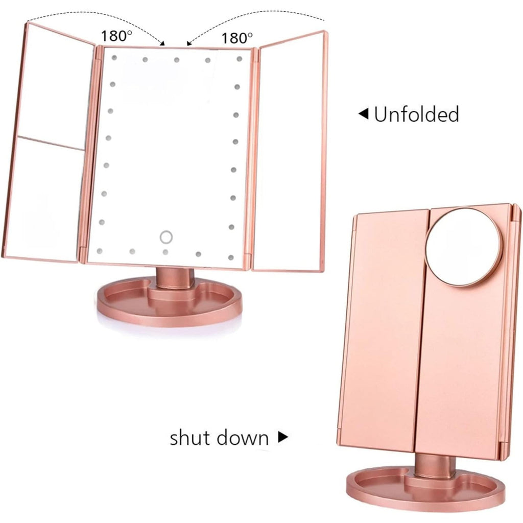 LED Vanity Makeup Mirror Tri-Fold Touch Screen, 1X 2X 3X 10X Magnification, Adjustable Base, USB Powered Lighted Mirror for Desk & Travel – White, Black & Rose Gold