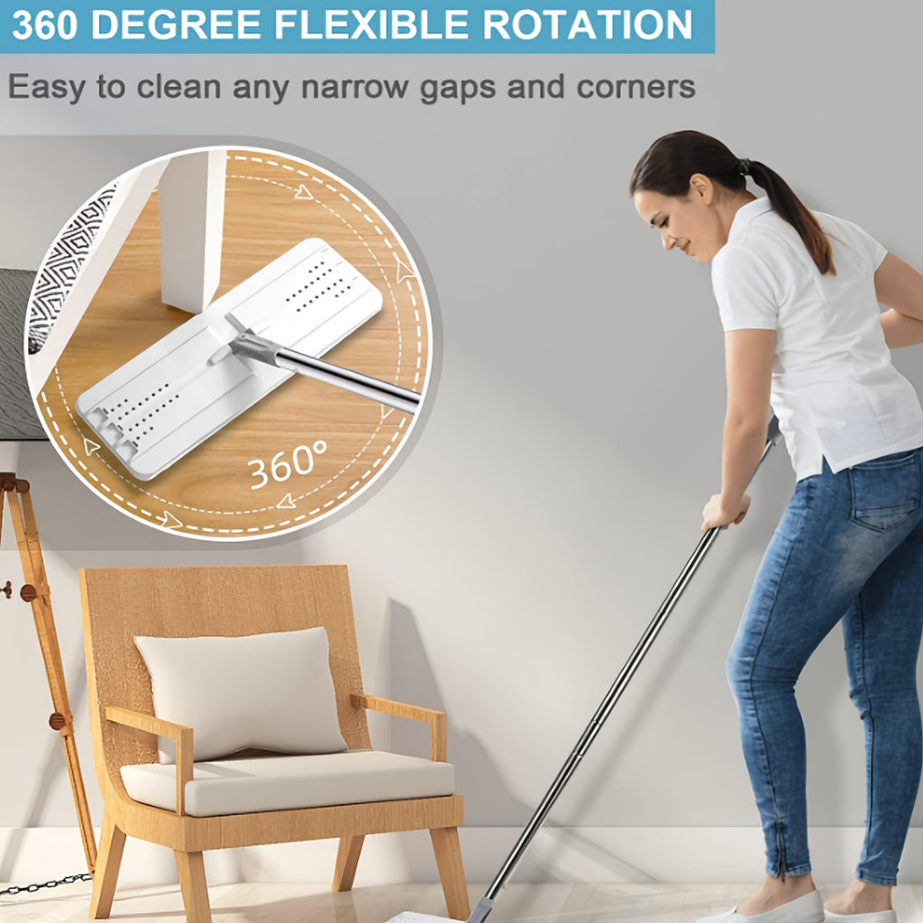 Hands-Free Flat Mop with Bucket 8-Piece Set Including 6 Microfiber Pads and Gloves, 360 Rotating Dry Wet Floor Mop for Bedroom Kitchen Bathroom, Household Cleaning Mop with Bucket Scraper and Wringer