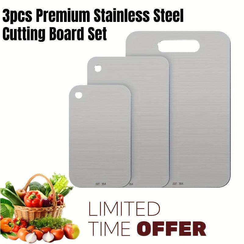 Stainless Steel Cutting Board Set 3 Piece - Dual-Sided SUS304 Metal Chopping Boards Non-Stick Rust-Resistant BPA-Free Portable for Kitchen Camping Picnic, Meat Fruit Vegetables