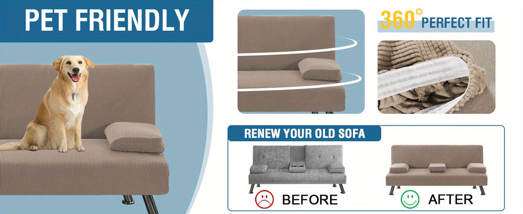 Sofa Cover 4-Piece Stretch Futon Slipcover Set with Removable Armrest & Cupholder Covers – Spandex Jacquard Furniture Protector, Black & Navy