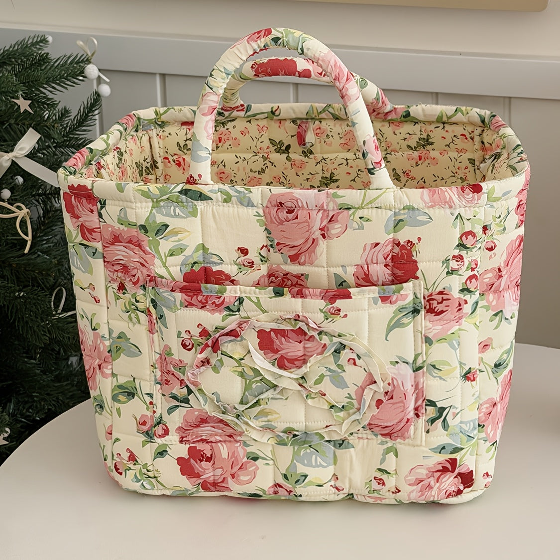 Large Floral Quilted Storage Basket – Vintage Portable Large-Capacity Shelf Basket for Home, 5 Floral Designs (Peony, Marigold, Strawberry)