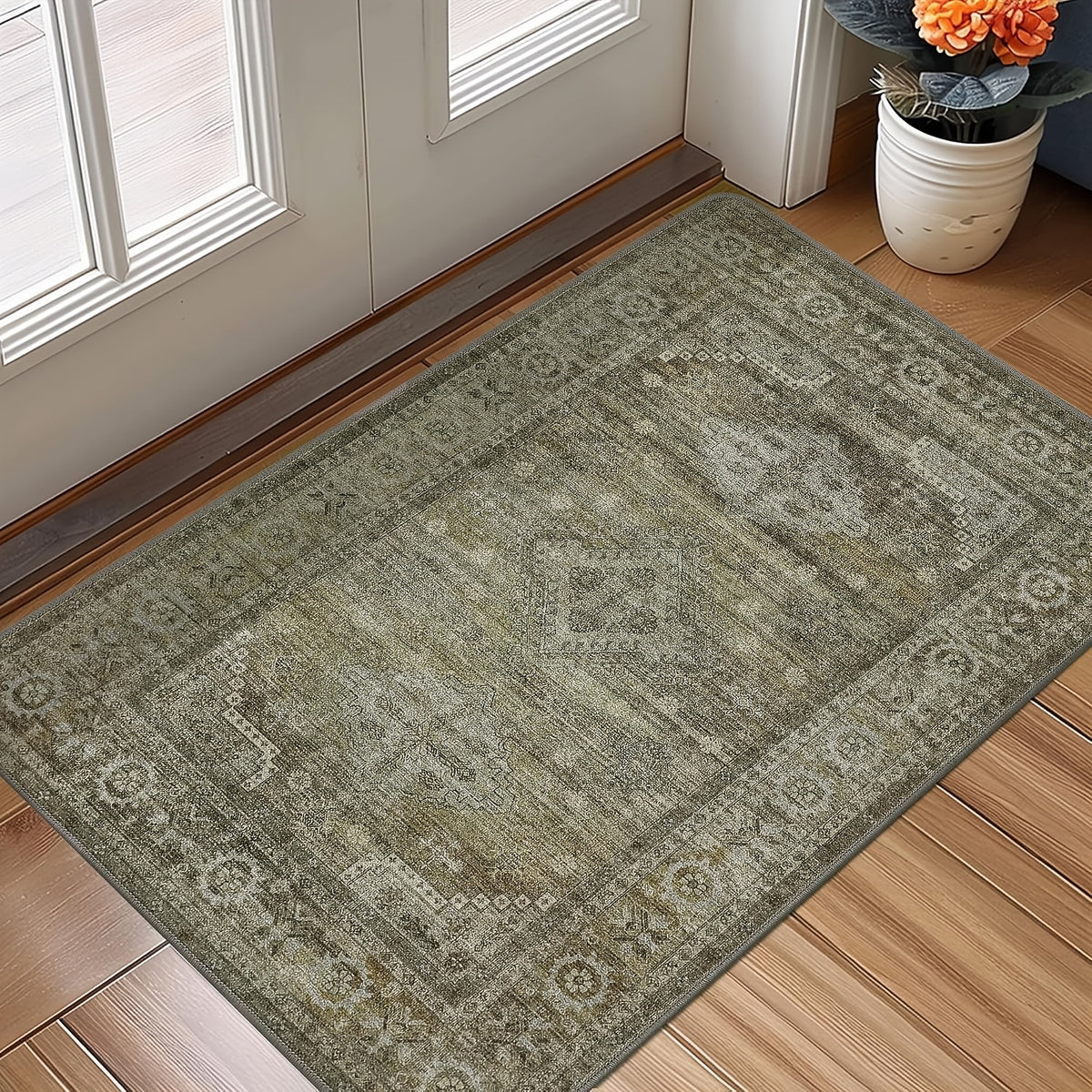 Sage Green Runner Rug Machine Washable Non-Slip - Boho Vintage Distressed Low Pile Flat Rug for Hallway Kitchen Entryway, Ultra-Thin Under-Door Fit, 11 Sizes