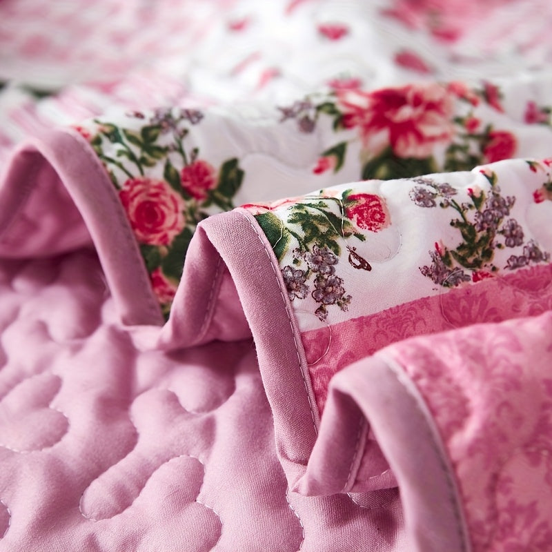 Pink Patchwork Quilted Bedspread Set 3 Piece – Sweet Floral Print, 1 Bedspread + 2 Pillowcases, Soft Breathable All-Season Bedding, Machine Washable, Twin Full/Queen King, Bedroom & Dorm Decor