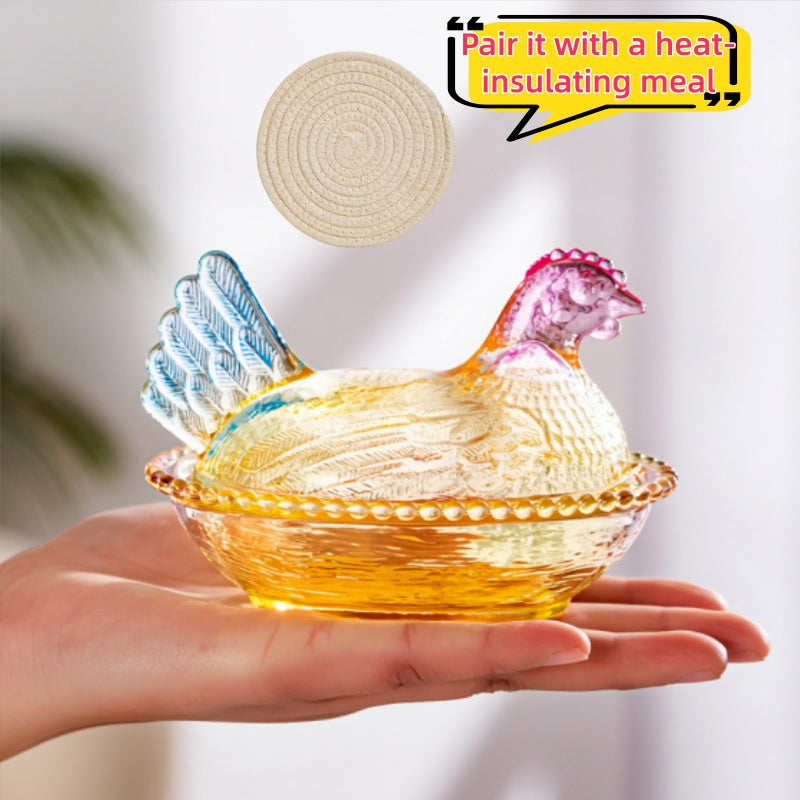 Chicken Shaped Crystal Glass Storage Jar with Lid & Placemat – Candy Colored Decorative Dish for Candy, Snacks, Jewelry & Desktop Decor