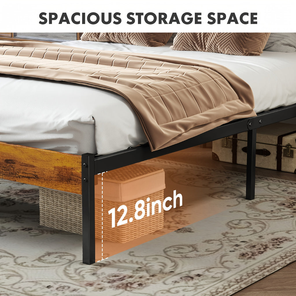 Iron Bed Frame with Wooden Plank Headboard Twin Full Queen Size Metal Platform Bed Heavy Duty Steel Slats Easy Assembly Bedroom