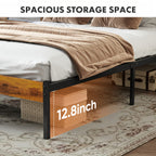 Iron Bed Frame with Wooden Plank Headboard Twin Full Queen Size Metal Platform Bed Heavy Duty Steel Slats Easy Assembly Bedroom