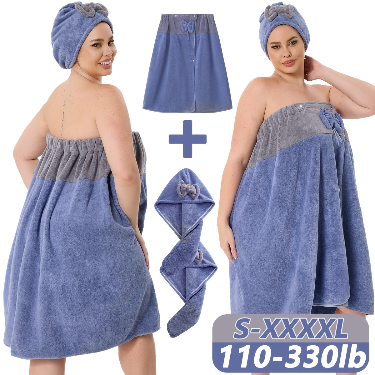 Adjustable Bath Wrap Skirt Set with Triangular Hair Drying Cap – Sizes S-XXXXL Spa Towel Wrap for Women, Home, Travel & Steam Room