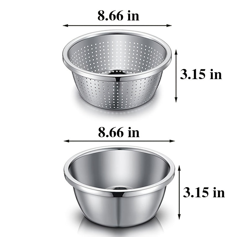 Stainless Steel Colander & Mixing Bowl Set – 304 Food-Grade Stackable Strainer Bowl for Washing Vegetables, Fruit & Rice, Dishwasher Safe Kitchen Colander, 7.09" or 11.02" Bowl + Sieve